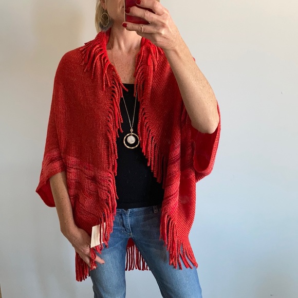 Red Fringed Sweater Kimono/Wrap - Picture 2 of 7